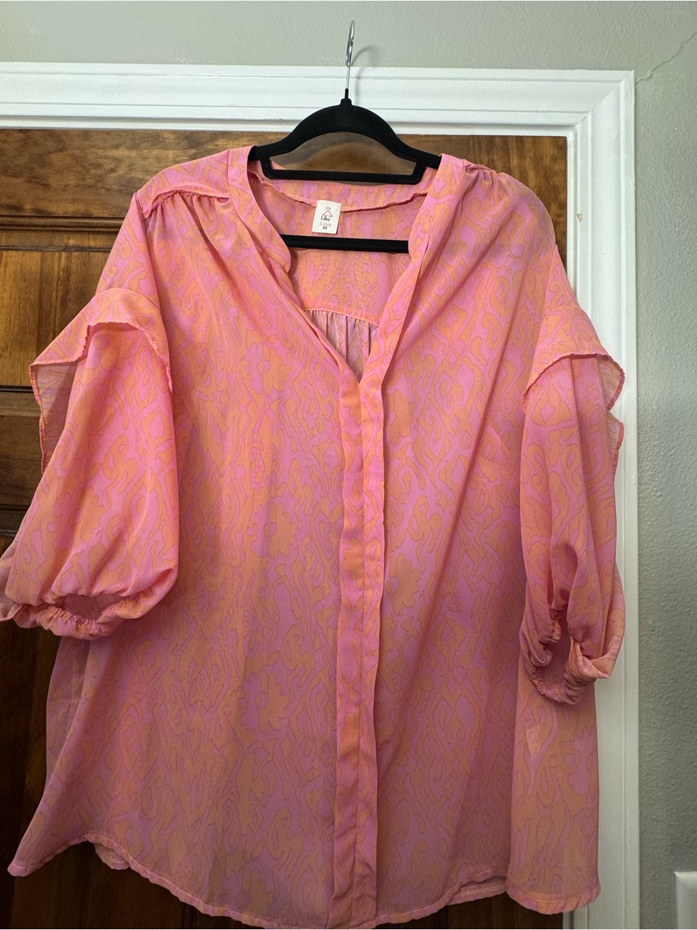 Women's Pink Patterned Puff-Sleeve Blouse